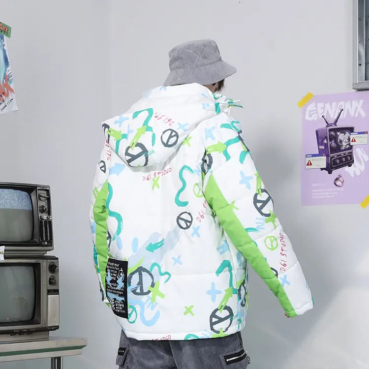 GENANX Letter Stand Collar Loose Fit Puffer Jacket Unisex White Green-4