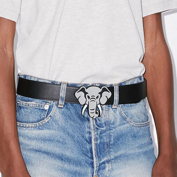 KENZO Fashion Elephant Pattern Smooth Buckle Belt Unisex Black/Brown Width: 4cm-2