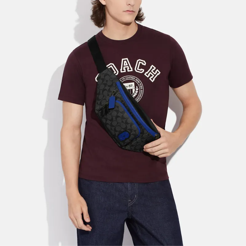 COACH Track Cow Leather Detail Shoulder Bag, Crossbody Bag, Sling Bag, Fanny Pack Tubas Men's Charcoal Gray & Blue-6