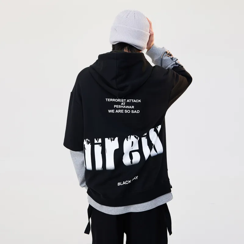 GUKUUL Letter Print Patchwork Loose Fit Drawstring Hoodie Unisex-3