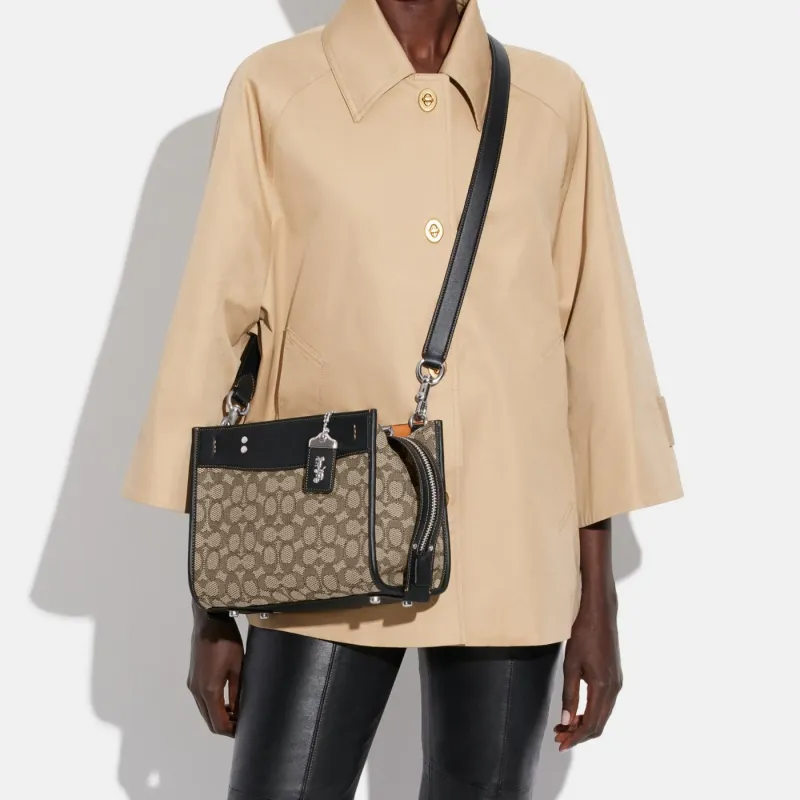 COACH Rogue Fabric With Glove Tanned Leather Shoulder Bag, Crossbody Bag, Handbag Medium Size Women's Gray & Black-4