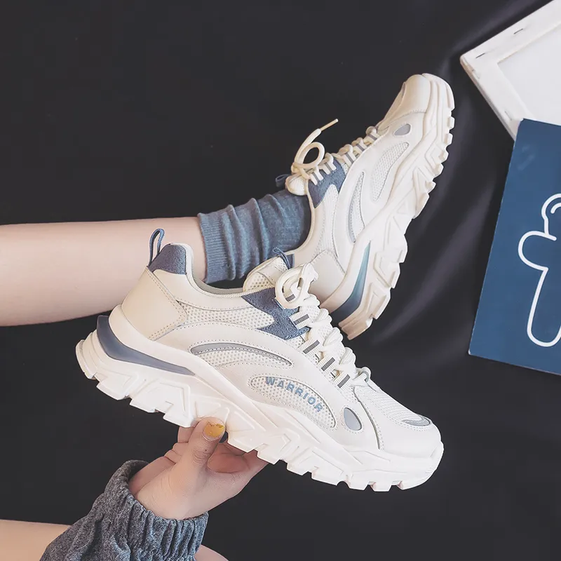 Warrior Abrasion Resistant Breathable Height Increasing Low Top Chunky Sneakers Unisex Beige Blue-5