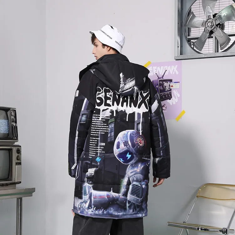 GENANX Cartoon Detachable Hood Loose Fit Mid Length Puffer Jacket Unisex Black Blue-4