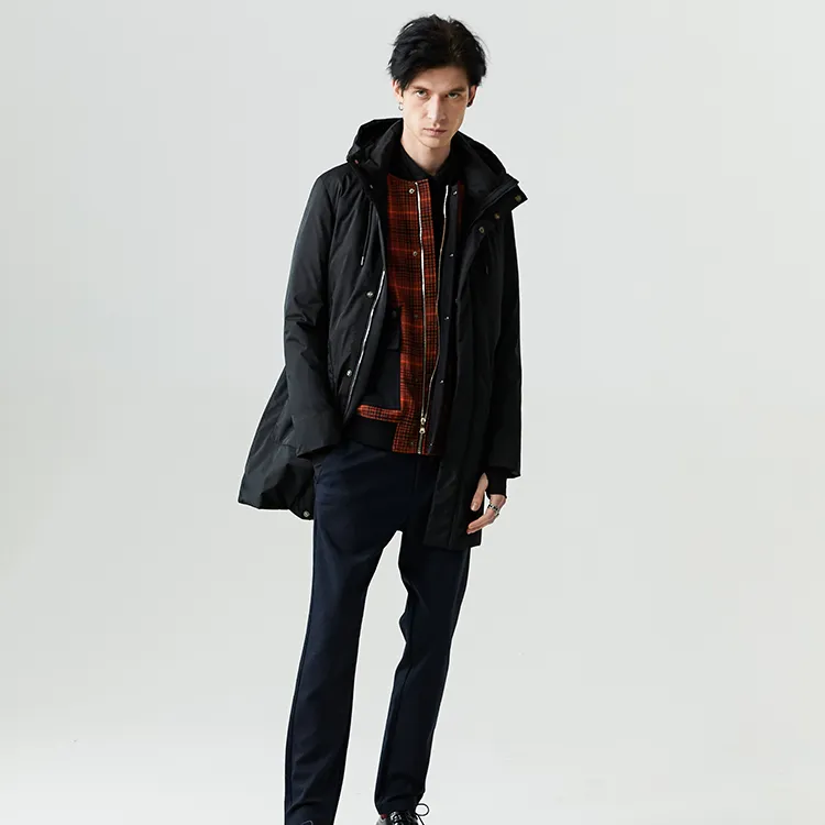 DAVID NAMAN Solid Color Hooded Mid Length Down Jacket Men's Black-6