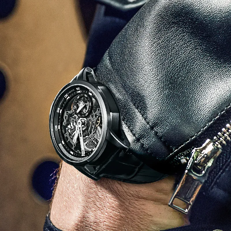 JINLERY Machine Automatic Mechanical Movement Genuine Leather Strap Watch Men's Watches Cut-Out Dial J9033-3