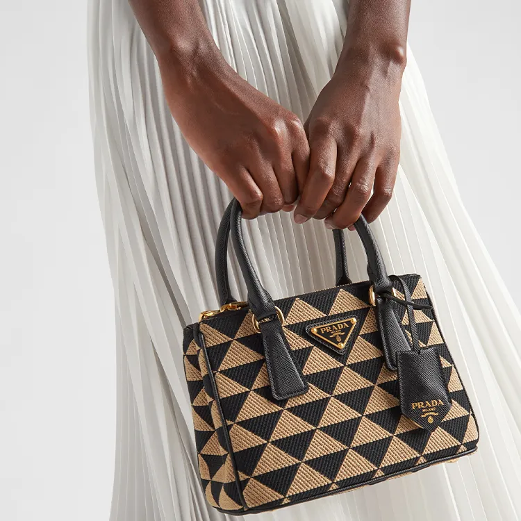 PRADA Galleria Killer Bag Embroidered Fabric With Leather Shoulder Bag Crossbody Bag Handbag Women's Black/Beige Yellow-7