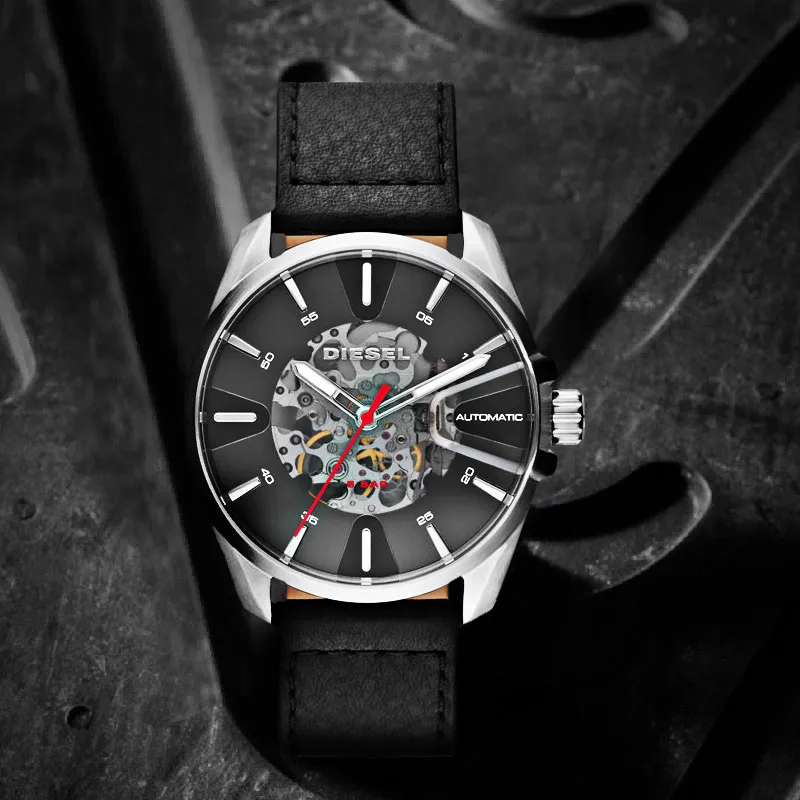 DIESEL Wrist Watch Mechanical Movement Leather Watch Bands 44mm Black Dial Men's Watches DZ1966-3