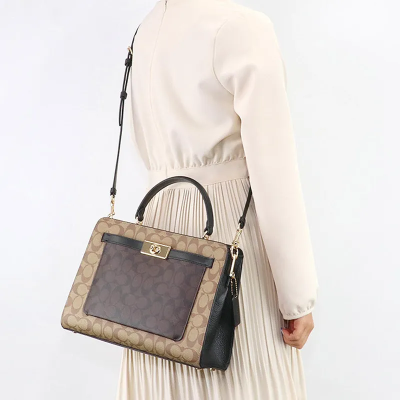 COACH Lane Canvas With Cow Leather Handbag, Shoulder Bag, Crossbody Bag Tubas Women's Khaki & Brown-4