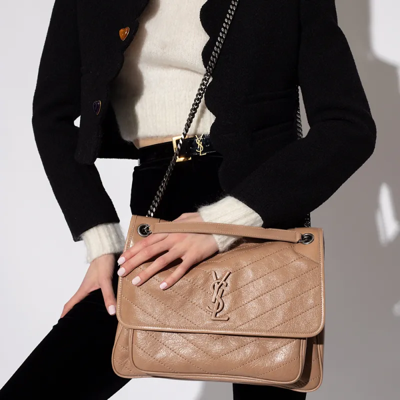 SAINT LAURENT Niki Leather Crossbody Bag Shoulder Bag Large Size Women's Brown-3