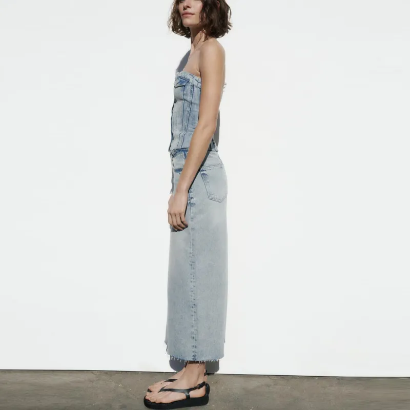 ZARA Denim Long Skirts Women's Blue-2