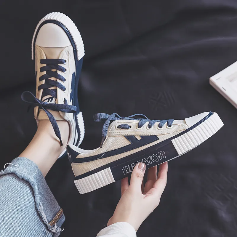 Warrior Wear-resistant Non-slip And Breathable Low-Top Canvas Shoes Unisex Beige Dark Blue-3