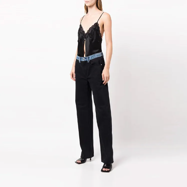 T By Alexander Wang Contrast Waistband Mid Rise Relaxed Straight Jean Black-2