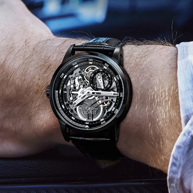 JINLERY Machine Automatic Mechanical Movement Genuine Leather Strap Watch Men's Watches Cut-Out Dial J9033-2