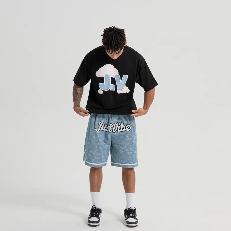 JUST VIBE Loose Fit Shorts Unisex Washed Blue-3