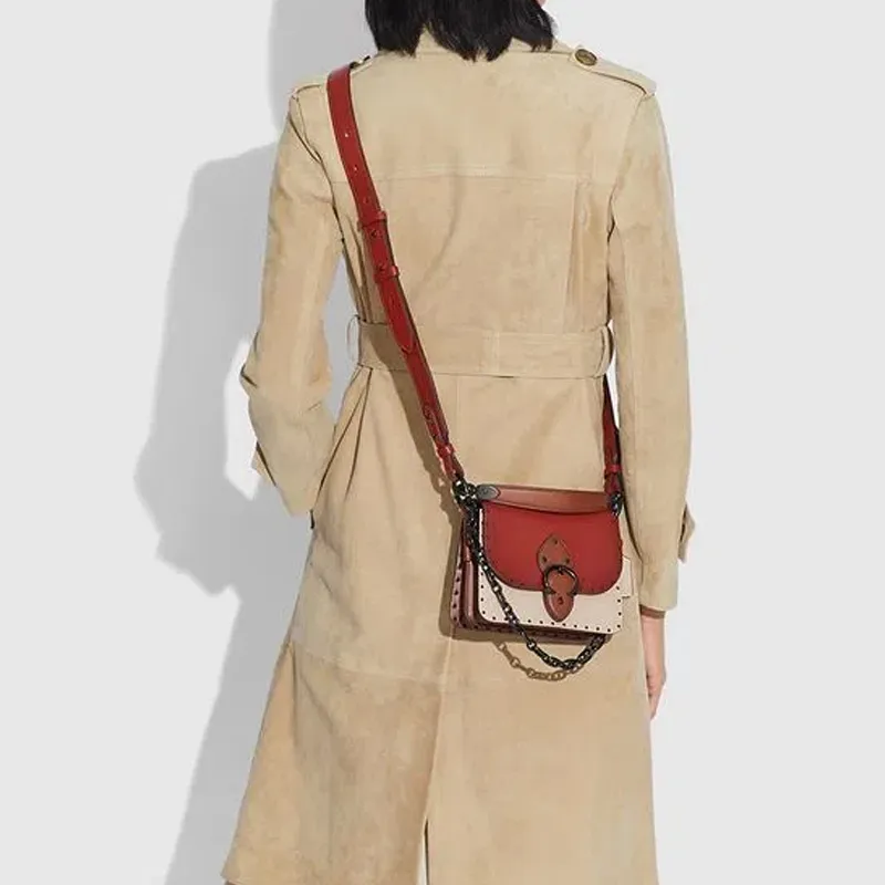 COACH Beat Leather Square Bag, One Shoulder Handbag, Crossbody Bag Small Size Women's Red White-4