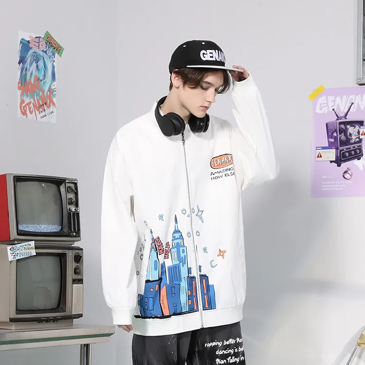 GENANX Loose Fit Baseball Jacket Unisex White-5