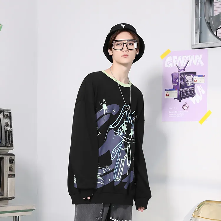 GENANX Crew Neck Loose Fit Regular Sweatshirt Unisex Black-4
