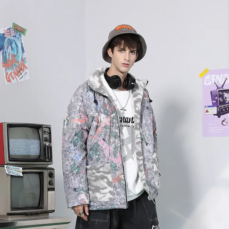 GENANX Letter Stand Collar Loose Fit Puffer Jacket Unisex Gray/Apricot Gray-9