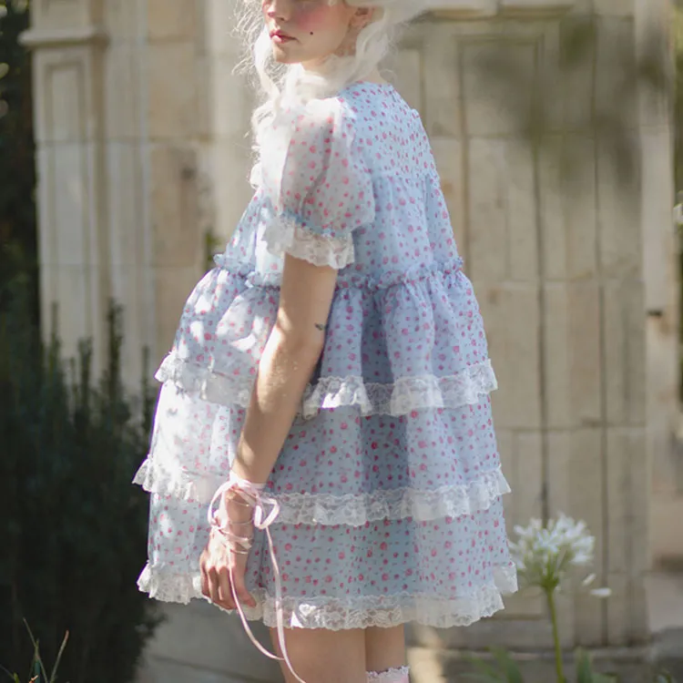 Selkie Short Sleeved Dresses Women's Light Blue Vintage Rose Floral-2