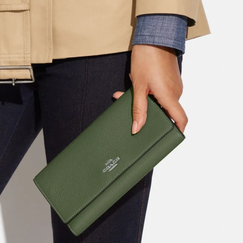 COACH Trifold Wallet Pebbled Leather Wallet Small Size Women's Olive Green-2