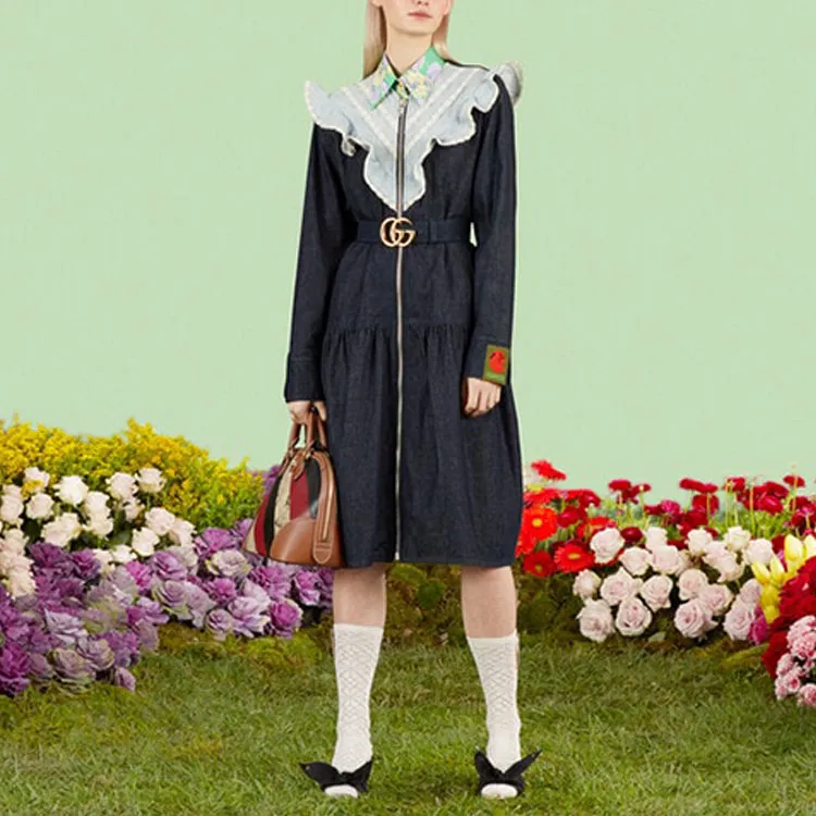 GUCCI Ruffle collar Denim Midi Dress-1