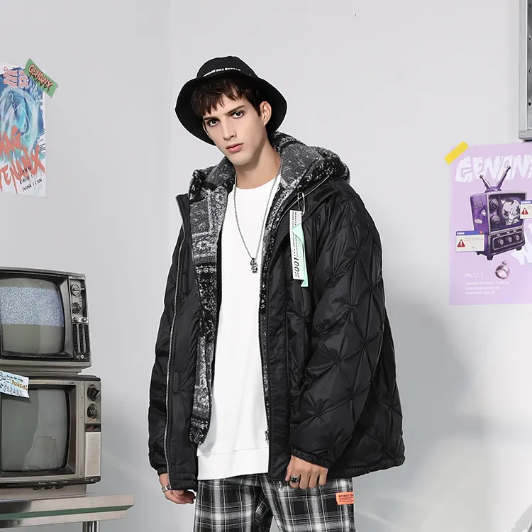 GENANX Solid Color Hooded Loose Fit Puffer Jacket Unisex Black-4