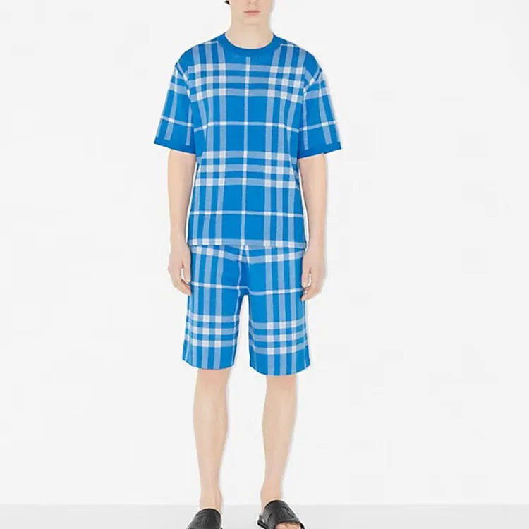 Burberry Plaid Jacquard Crew Neck Loose Fit Short Sleeved T Shirt Men's Vivid Blue-2
