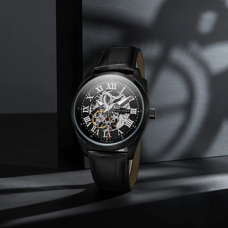 Sea Gull Frontier Automatic Mechanical Movement Genuine Leather Strap Watch Unisex Black Dial-4
