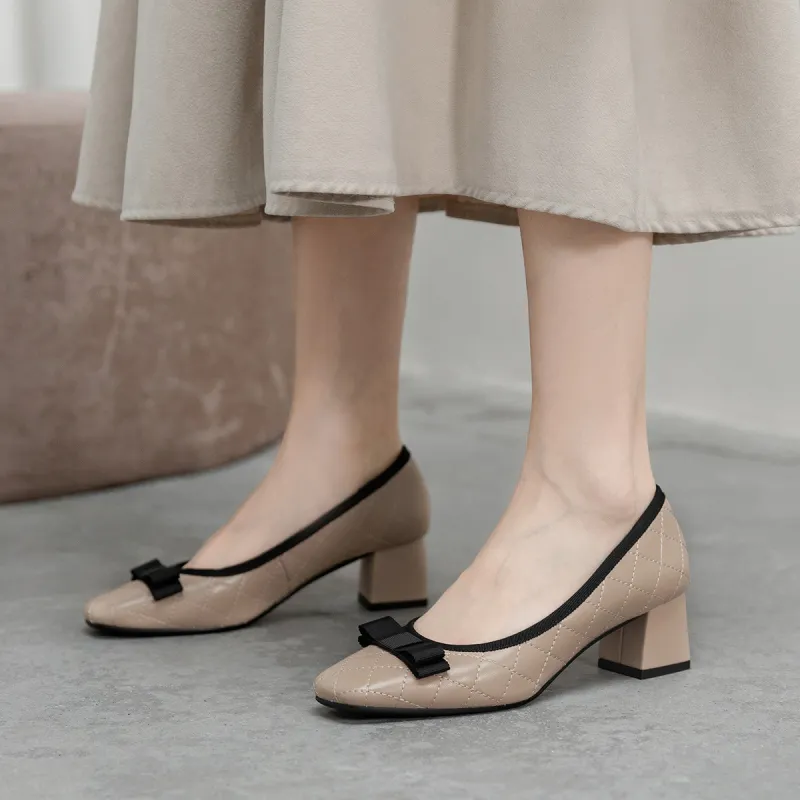 CAMEIDO Chunky Heel High Heels 5cm Women's Apricot-3