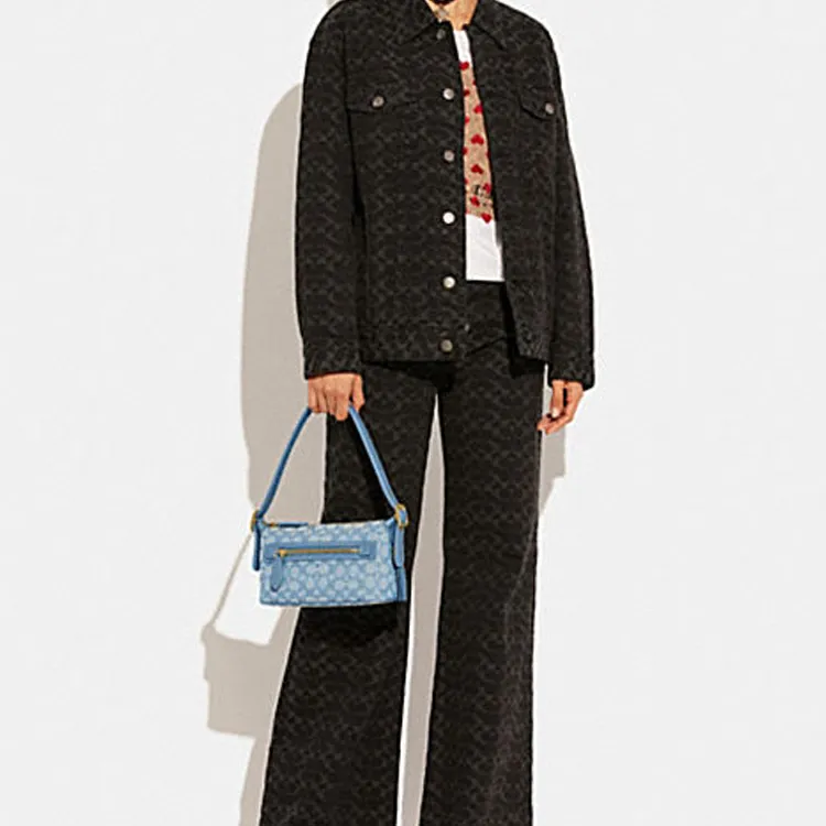 COACH Demi Jacquard Fabric With Recycled Leather Shoulder Bag Handbag Medium Size Women's Lake Blue Color-5