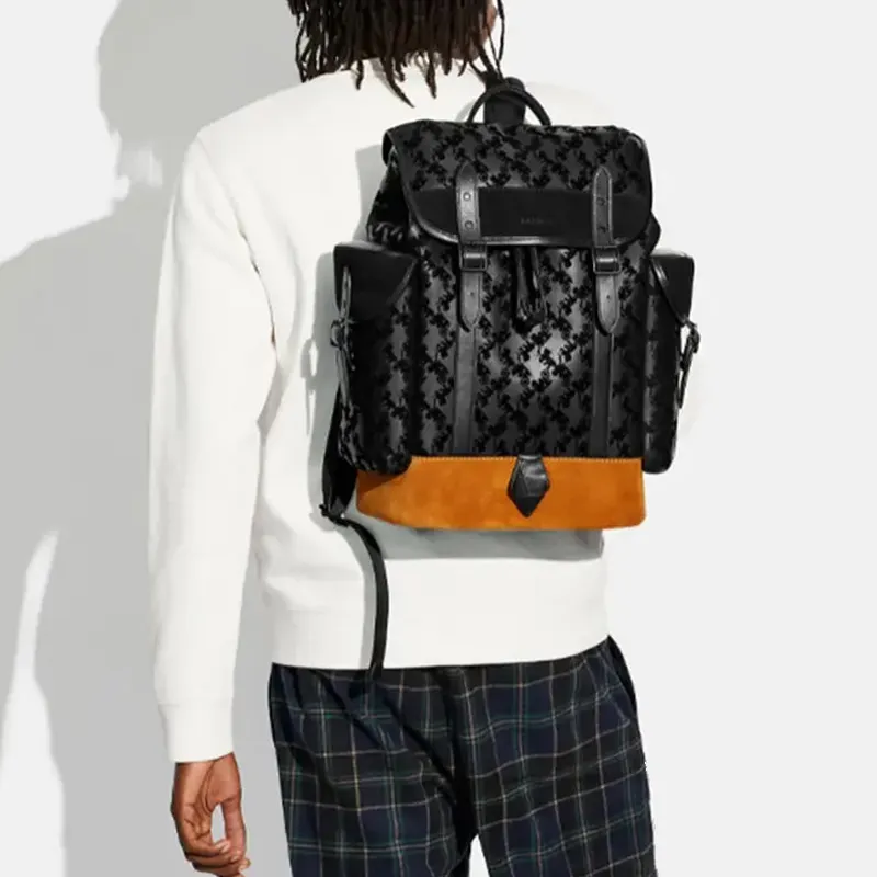 COACH Hitch Leather Patchwork With Suede Backpack Large Size Men's Black-3