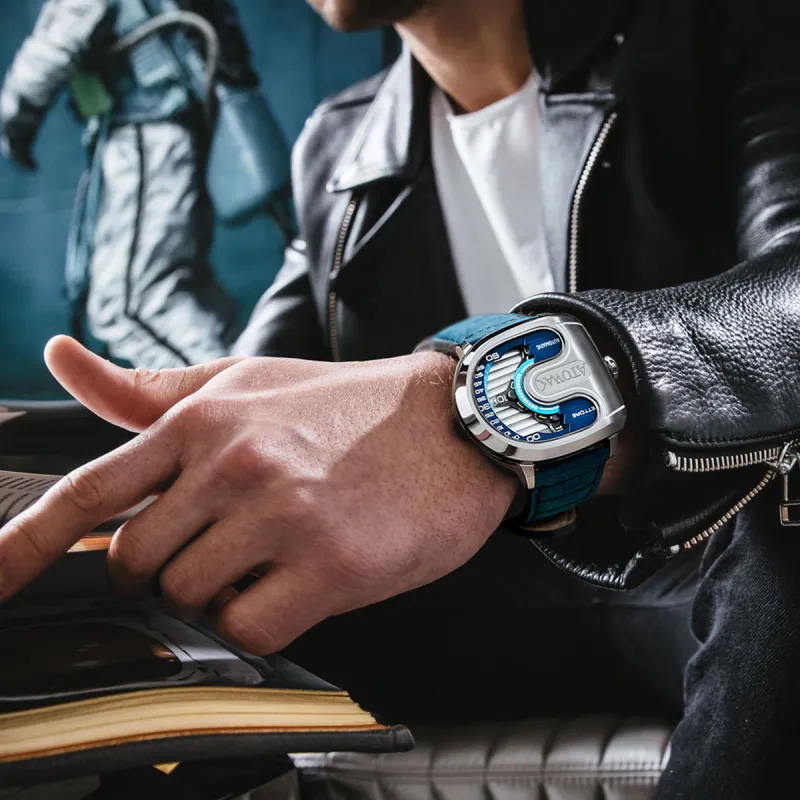 ATOWAK Supercar Wrist Watch Automatic Mechanical Movement Genuine Leather Strap 46.5*40.5*14mm Blue Dial Men's Watches-5