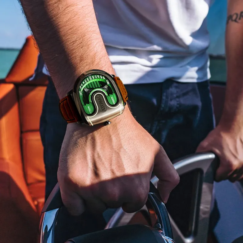 ATOWAK Wind-chasing Series Wrist Watch Automatic Mechanical Movement Genuine Leather Strap Green Dial Men's Watches-8