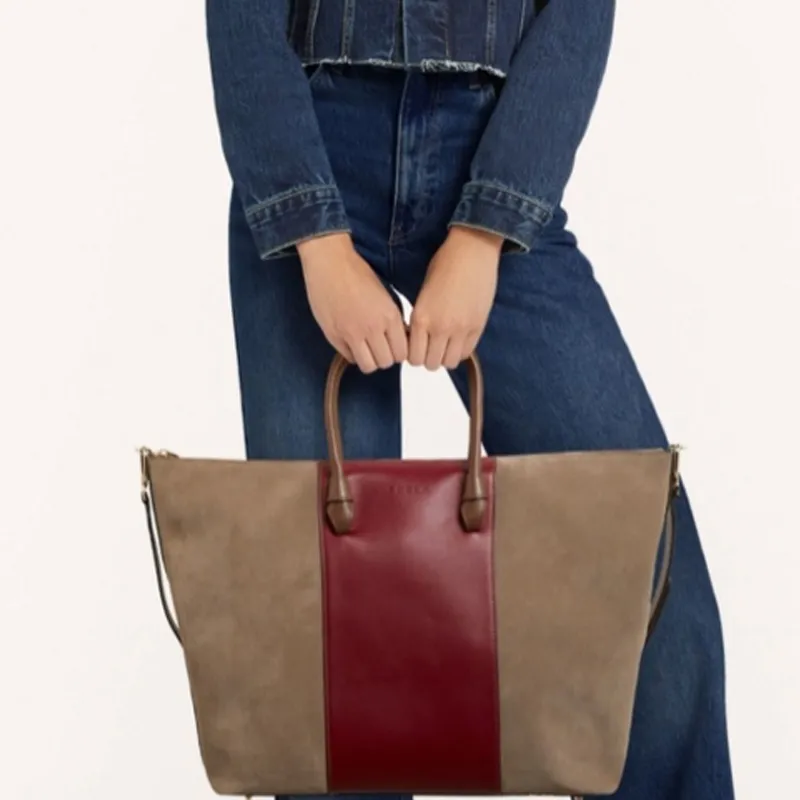 Furla Miastella Calfskin Suede Tote Bag Shopping Bag Shoulder Bag Crossbody Bag Handbag Large Size Women's Red & Brown-4