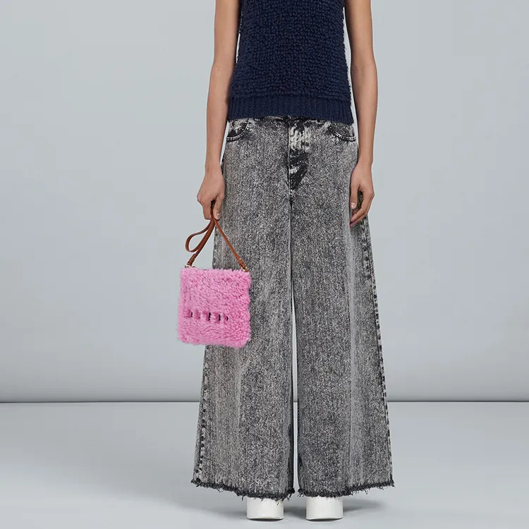 MARNI Shearling Combined With Calfskin Portable One Shoulder Crossbody Clutches Women's Pink-3