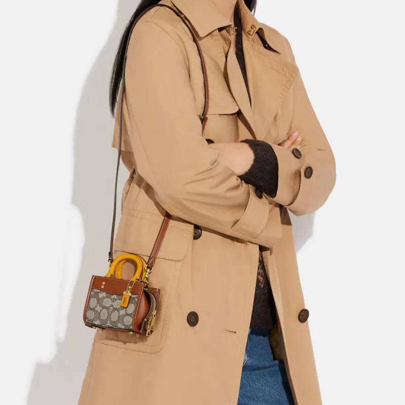 COACH Rogue Jacquard Fabric With Leather Shoulder Bag Crossbody Bag Handbags Mini Women's Brown-5