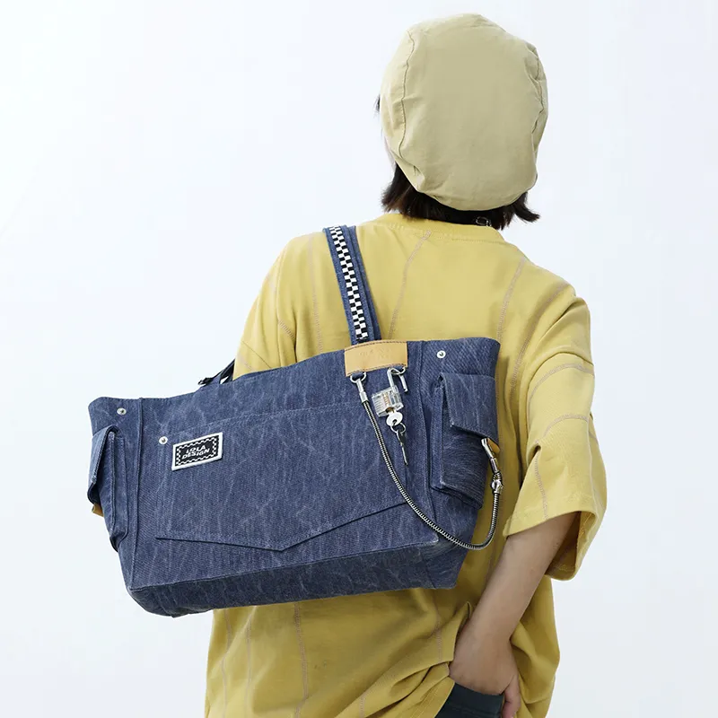 LOLA DESIGN Denim Tote Bag, Shopping Bag, Handbag, Shoulder Bag Unisex Navy Blue-3