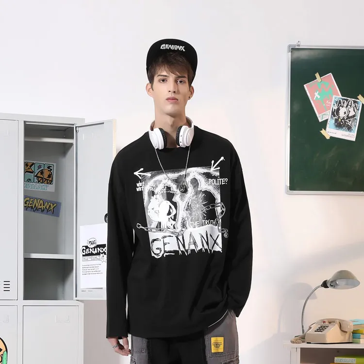GENANX Straight Long Sleeved T Shirt Unisex Black-3