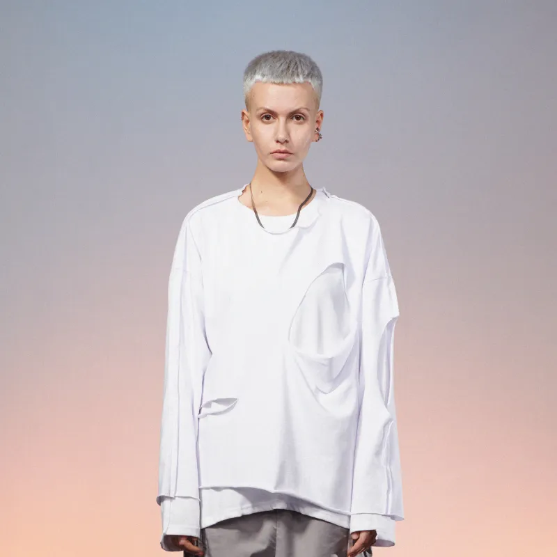 LOSTCTRL Straight Long Sleeved T Shirt Unisex White-2