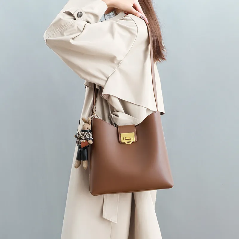 VINEY Cow Leather Bucket Bags Crossbody Bag Shoulder Bag Large Size Women's Caramel-3