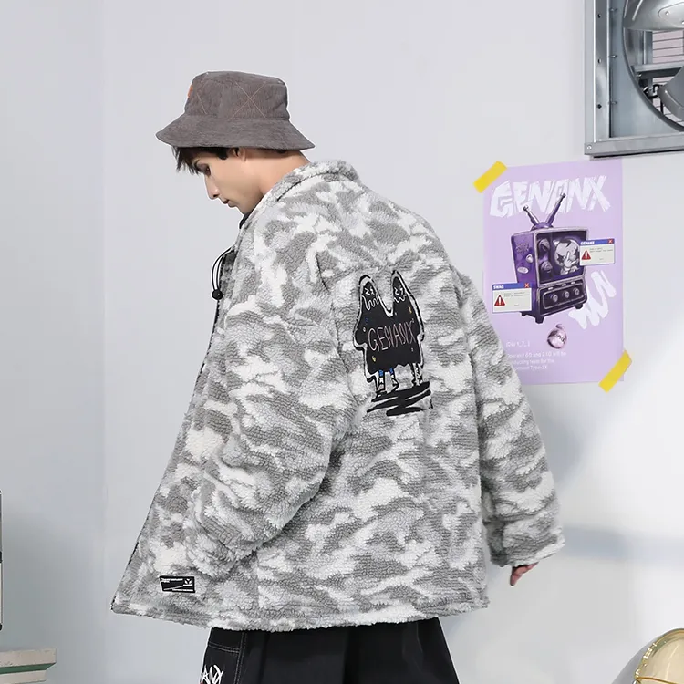 GENANX Letter Stand Collar Loose Fit Puffer Jacket Unisex Gray/Apricot Gray-7