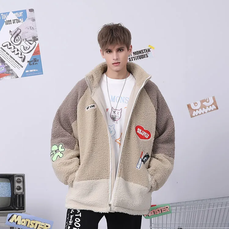 Bt Letter Colorblock Geometric Pattern Stand Collar Loose Fit Puffer Jacket Unisex Khaki-7