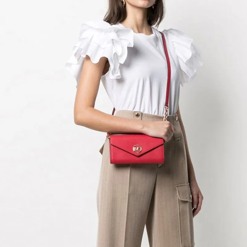 MICHAEL KORS Jet Set Solid Color Leather Crossbody Bag Chain Envelope Bag Women's Red-2