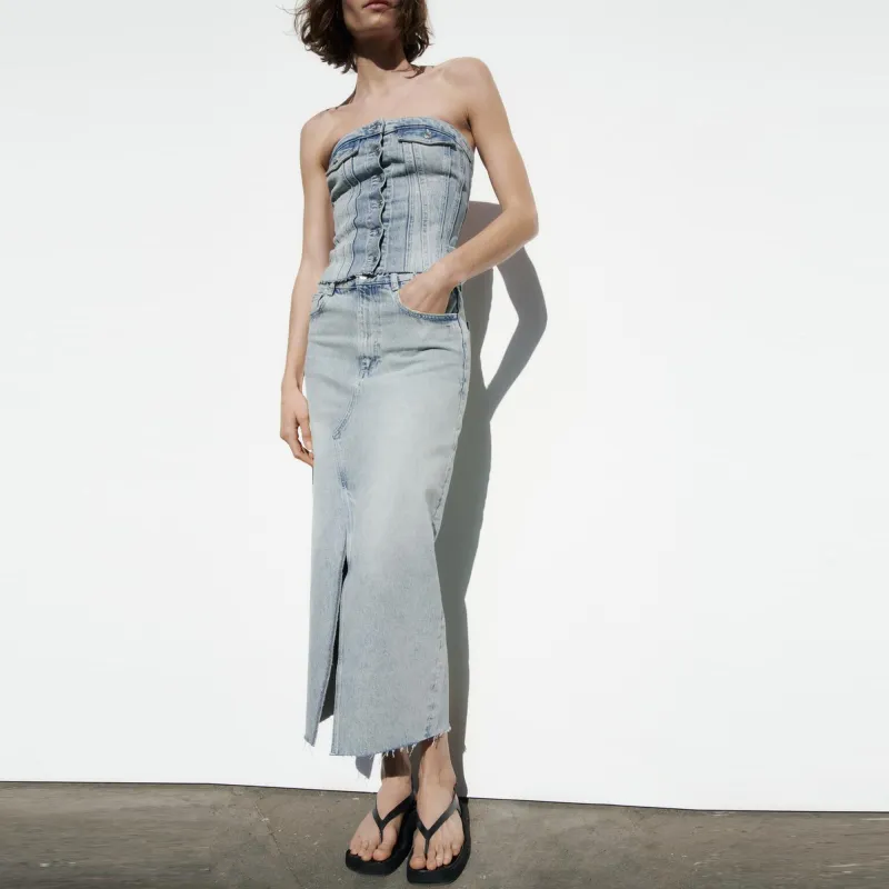 ZARA Denim Long Skirts Women's Blue-3