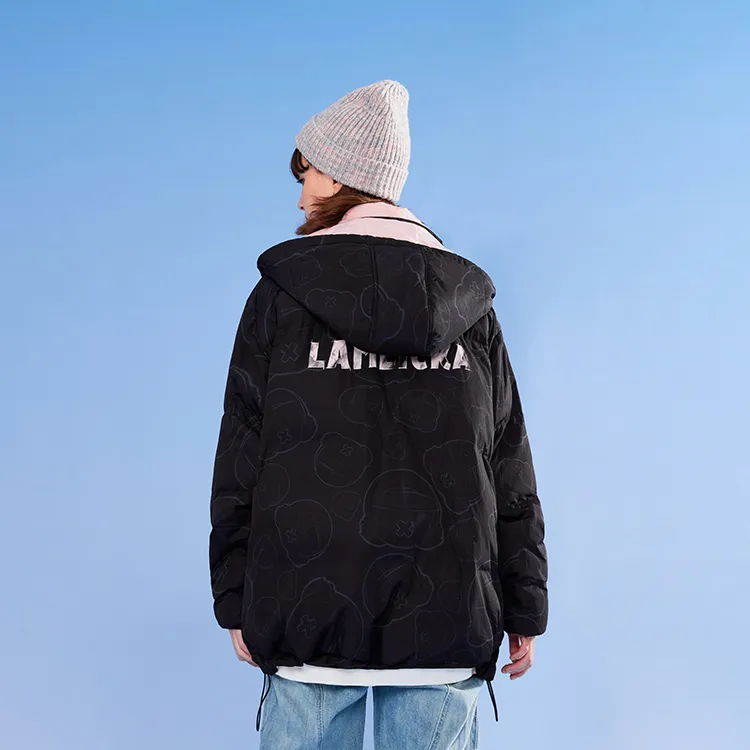 LAMLICKA Cartoon Hooded Loose Fit Puffer Jacket Unisex Black-3