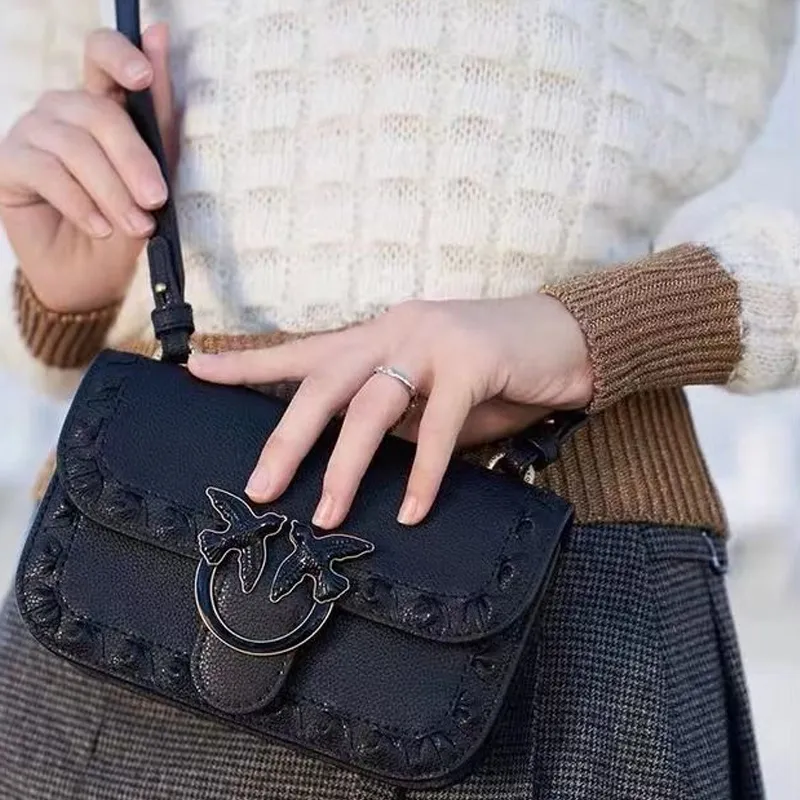 PINKO Cow Leather Shoulder Bag Crossbody Bag Small Size Women's Black-3