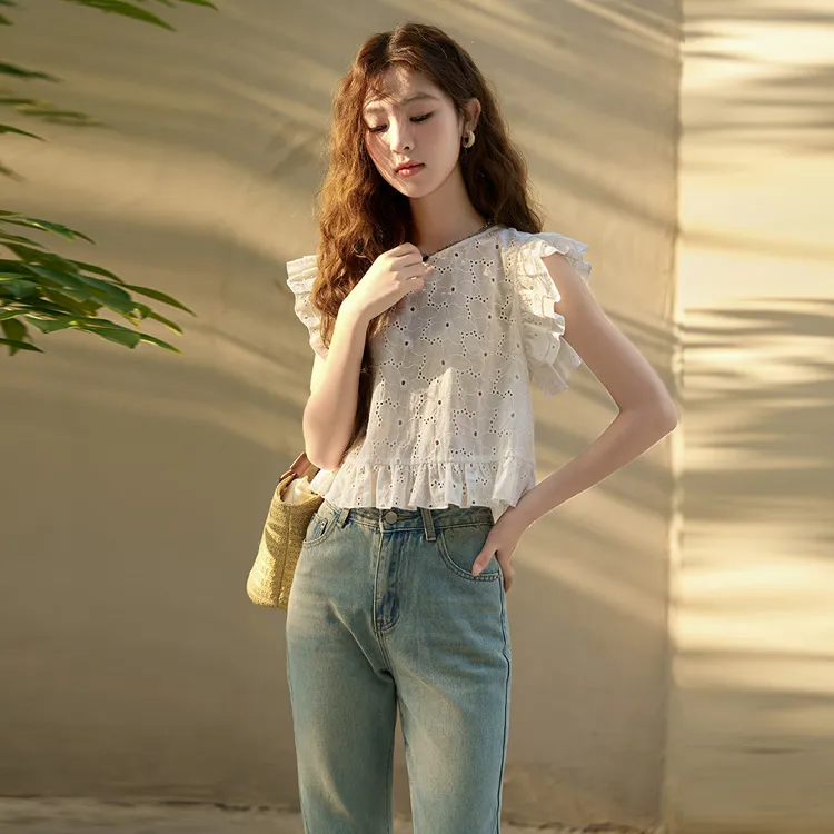 MISHOW Flutter Sleeve T Shirt Women's White Tea-1