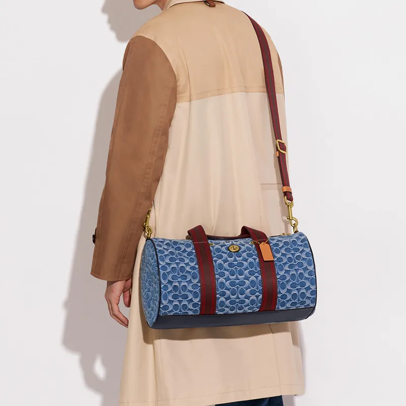 COACH Metropolitan Denim Fabric Canvas With Leather Handbag Crossbody Bag Travel Bag Large Size Unisex Denim & Red-4