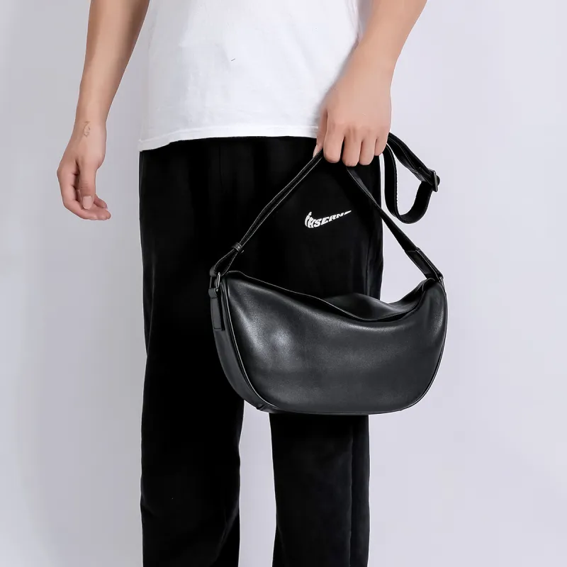 Ace Paul Cow Leather Crescent Bag, Small Square Bag, Shoulder Bag, Crossbody Bag Medium Size Unisex Black-8