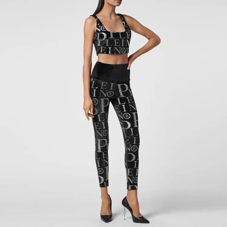 PHILIPP PLEIN Velvet Logo print High waisted Leggings-1